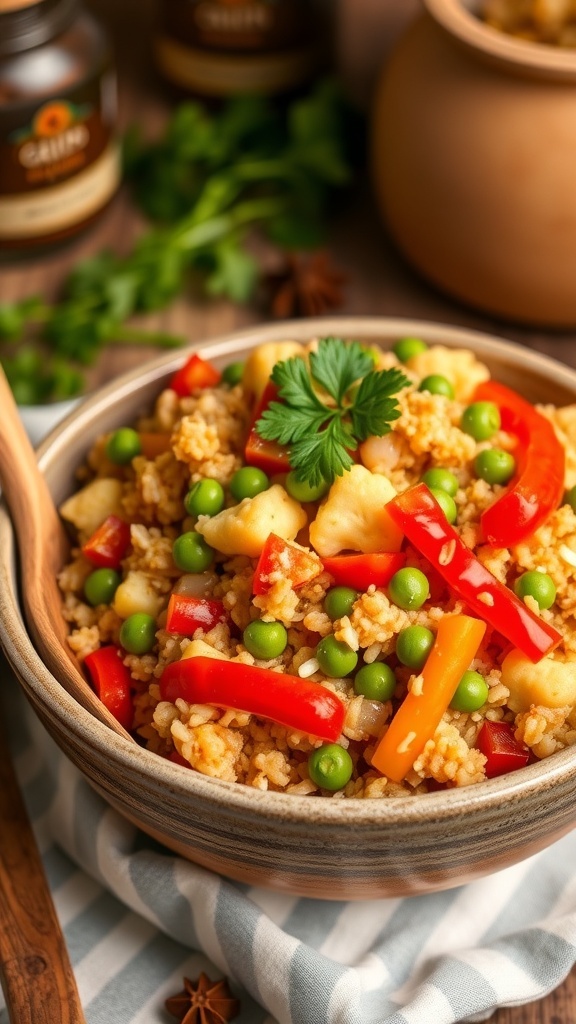 A bowl of vegetarian jambalaya with cauliflower rice, bell peppers, and peas, garnished with parsley.